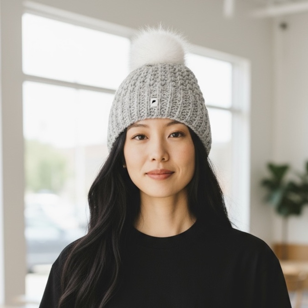 Fabletics Beanie- Knit- Gray with White Pom